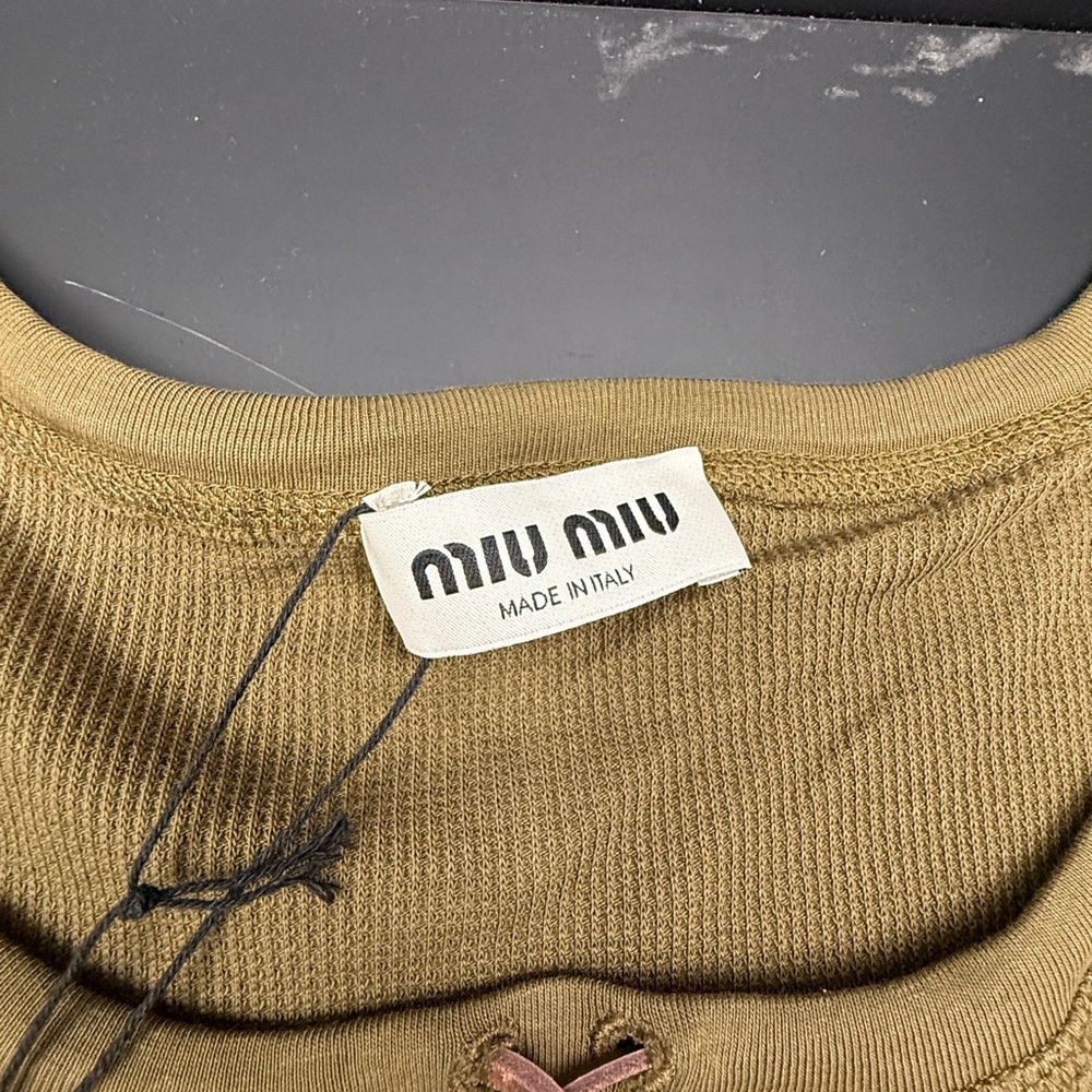 Miu Miu Tan Short Sleeve Knit Top with Logo Tag - Picture 3 of 7
